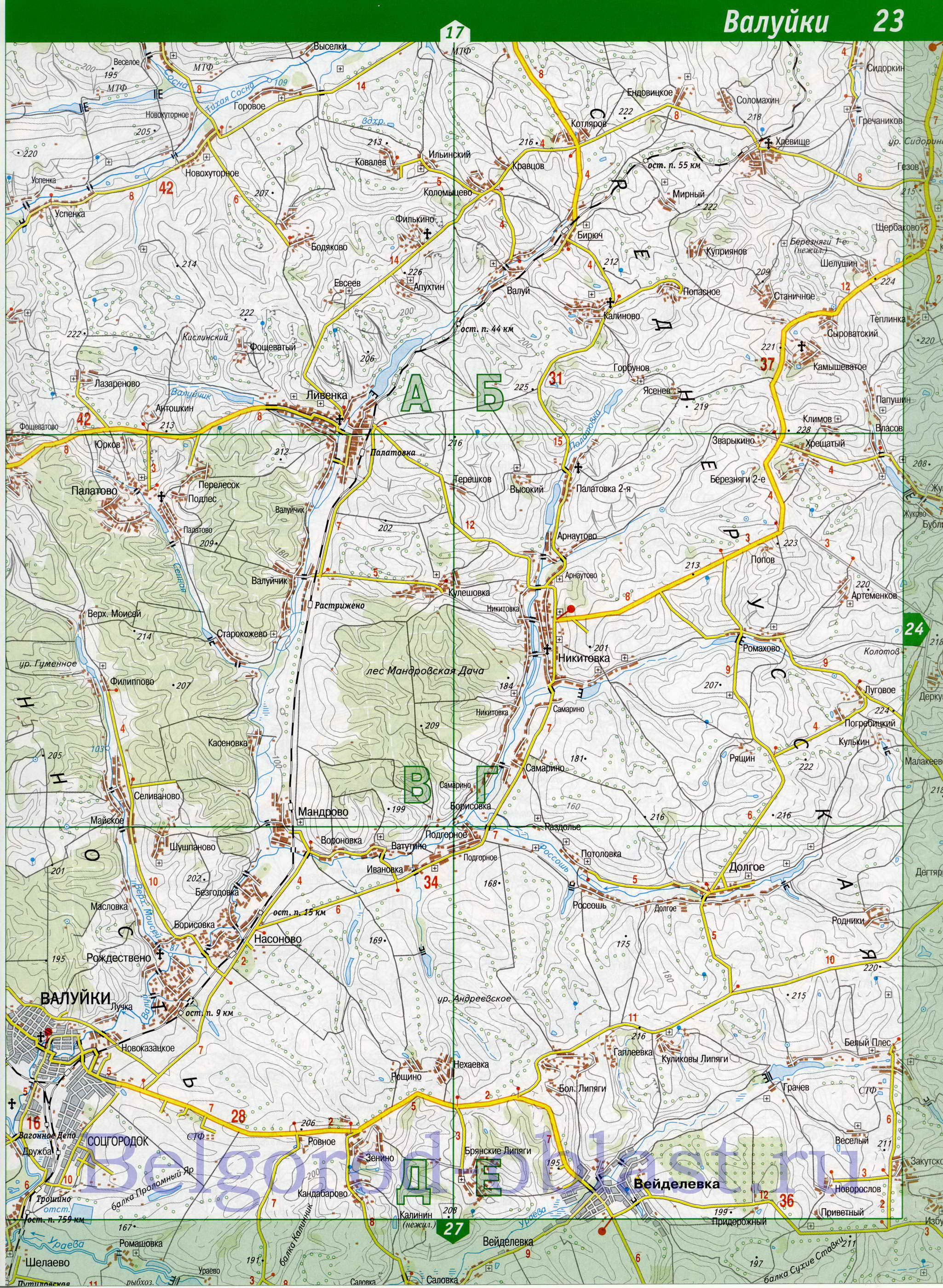 Карта Вейделевского района. Подробная автомобильная карта - Вейделевский район, Белгородская область, A0 - 