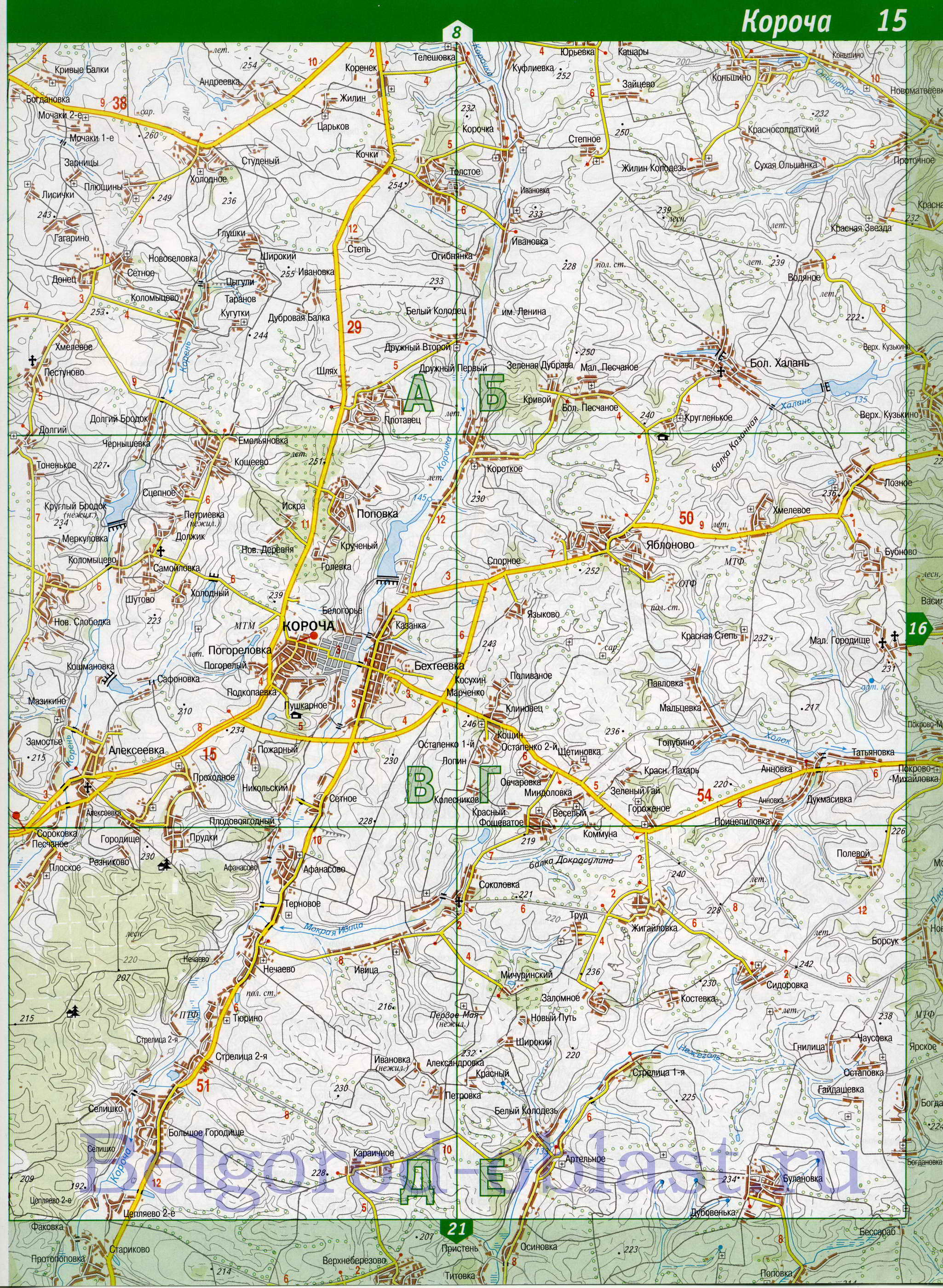 Карта Корочанского района, Белгородская область. Крупномасштабная карта дорог - Корочанский район, B0 - 
