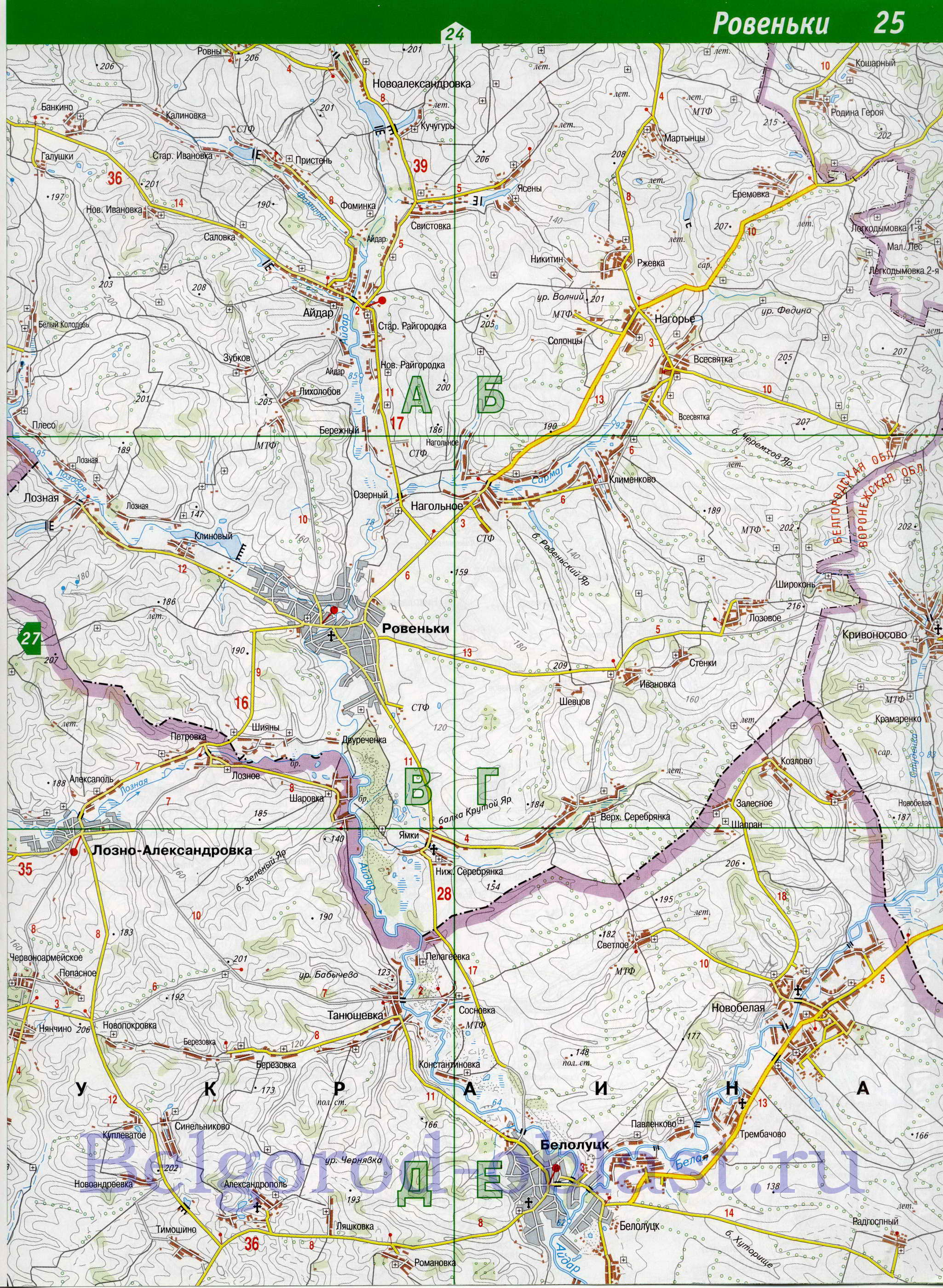 Карта Ровеньского района, Белгородская область. Карта автомобильных дорог - Ровеньский район, B0 - 